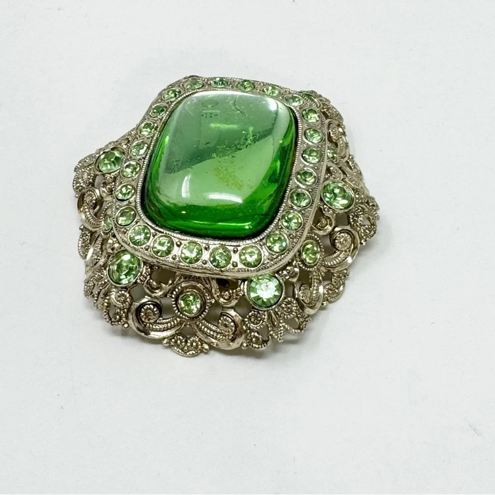 West Germany Pale Green Victorian Style Vintage Brooch Very Lightweight Metal